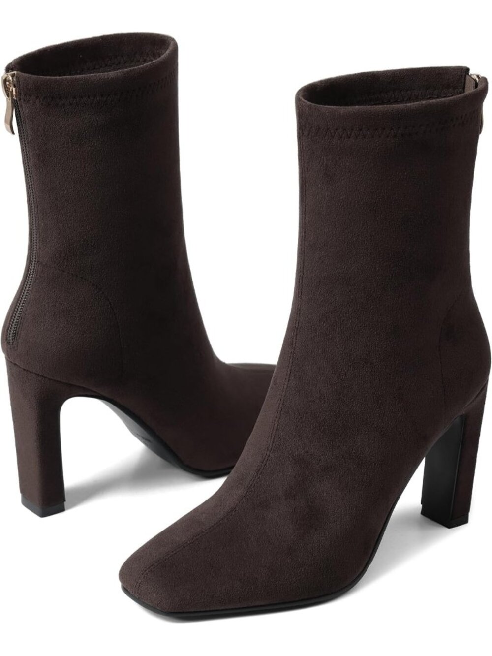 Women's Brown Square Toe Stretch Back Zipper Block High Heel Ankle Boots